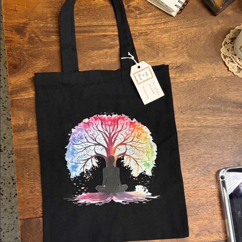 Black Tote Bag with Colorful Tree Design